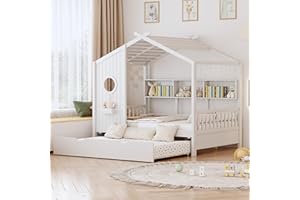 Bellemave Full Size House Bed Frame with Trundle for Kids,Full Kids Bed Frame with Bookshelves,Solid Wood House Bed for Girls,Boys,Can be Decorated,White