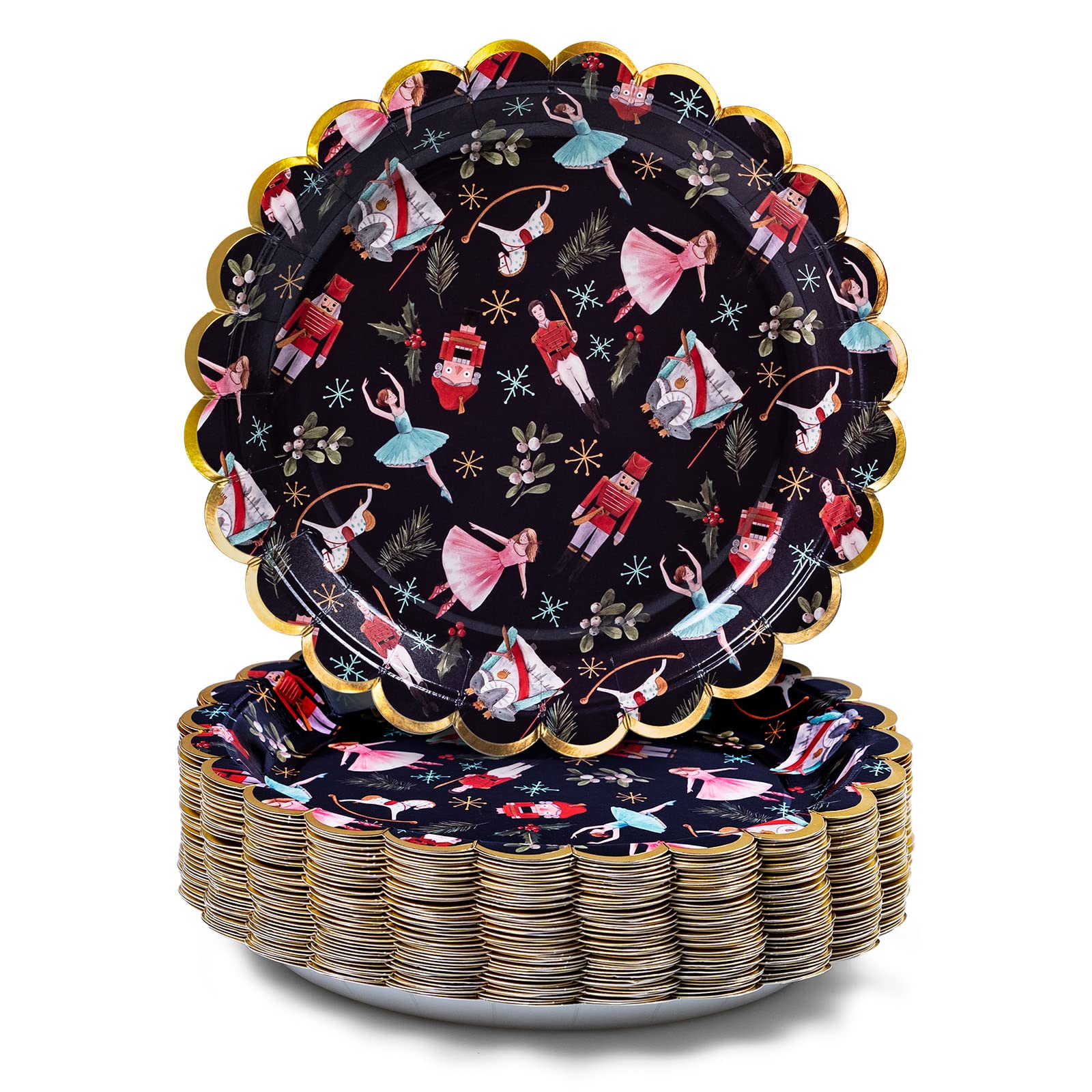 Confettiville Christmas Paper Plates, 50-Count Disposable Christmas Party Supplies, The Nutcracker, Gold Foil Scalloped Edge, 22.86 Centimetres