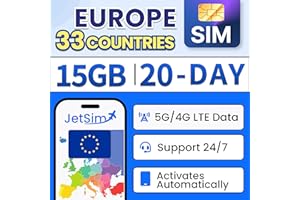 Europe SIM Card (20 Days), 15GB High-Speed Data, 4G/5G Network, Coverage in 33 Countries; France, Italy, Portugal, Spain, Tur