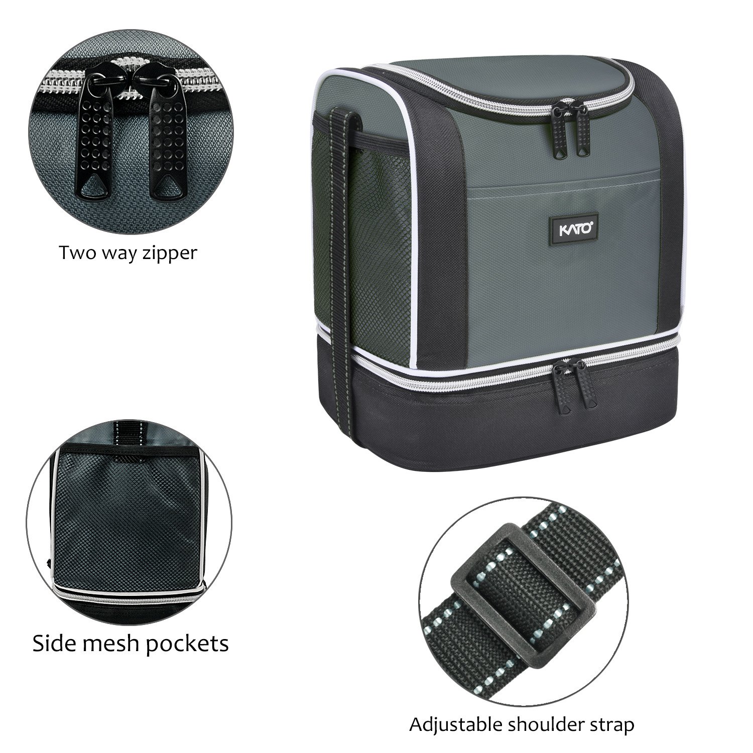 Kato Insulated Lunch Bag, Dual Compartment Portable Bento Cooler Totes for Men and Women, Gray