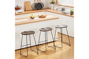 HeuGah Bar Stools Set of 3, Counter Height Saddle Seat Wood Bar Stools, 26" Backless Barstool for Kitchen Island, Brown Bar Chairs Easy to Assemble (Brown, 3 PCS 26Inch Counter Chair)