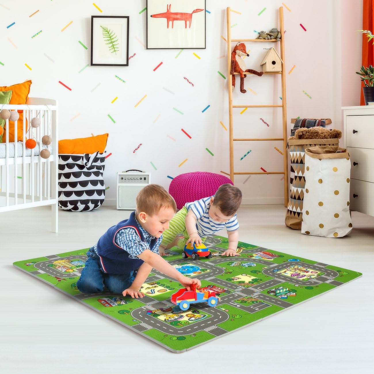 Sorbus Traffic Play mat Puzzle Foam Interlocking Tiles – Kids Road Traffic Play Rug - Children Educational Playmat Rug - Great for Playing with Toy Cars Trucks (9 Tiles with Borders): Toys & Games
