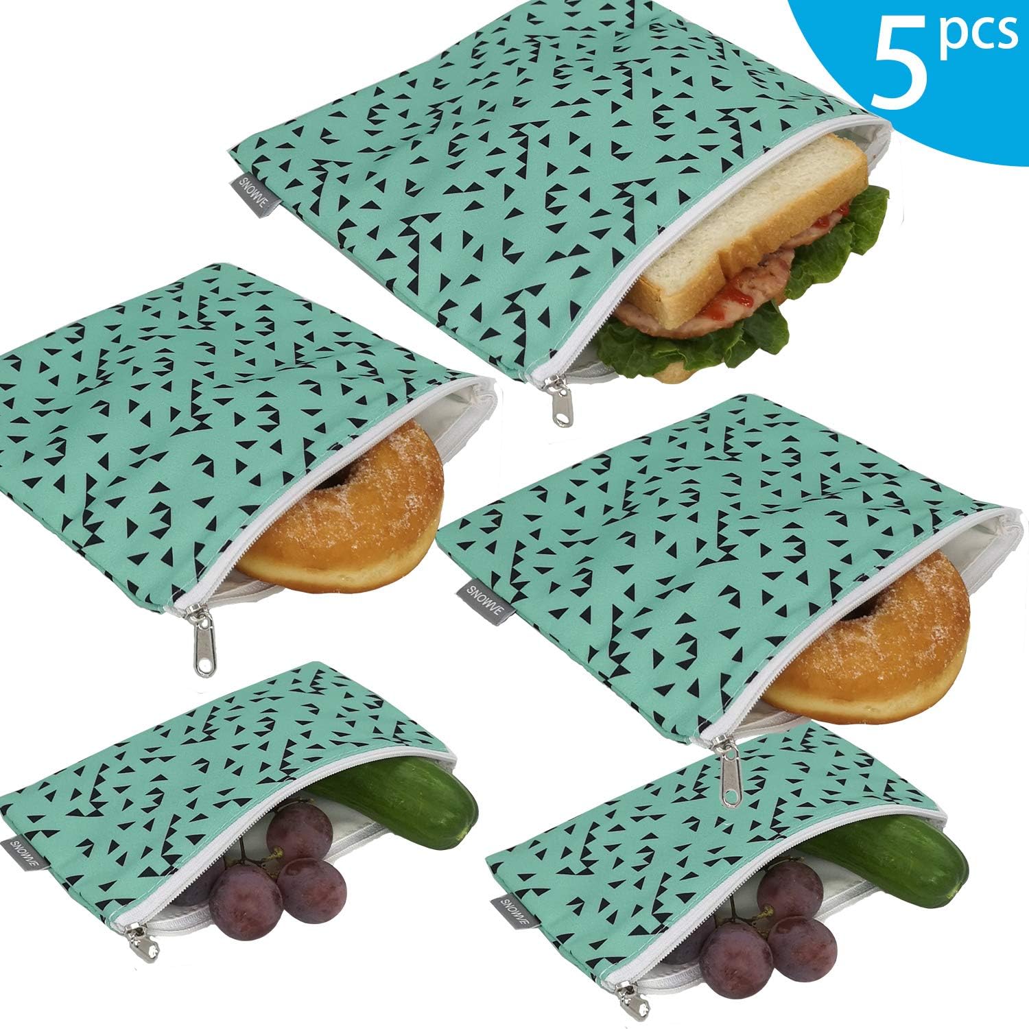 Reusable Snack Bags Sandwich Bags - Dual Layer Eco Friendly Dishwasher Safe Lunch Baggies, BPA Free, PVC Free, Set of 5 Pack(Triangle)