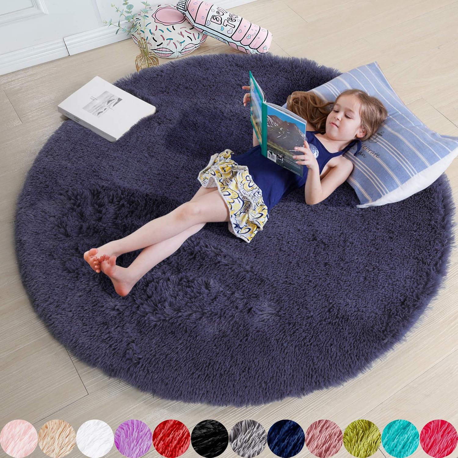 Purple Gray Rug for Bedroom,Fluffy Circle Rug 4'X4' for Kids Room,Furry Carpet for Teen's Room,Shaggy Circular Rug for Nursery Room,Fuzzy Plush Rug for Dorm,Grey Carpet,Cute Room Decor for Baby