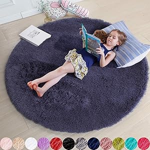 Purple Gray Rug for Bedroom,Fluffy Circle Rug 4'X4' for Kids Room,Furry Carpet for Teen's Room,Shaggy Circular Rug for Nursery Room,Fuzzy Plush Rug for Dorm,Grey Carpet,Cute Room Decor for Baby