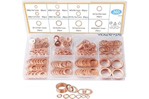 WK.HARDWARE 360 Pieces Copper Crush Metric Flat Washers, Flat Sealing Washers, Metal Washers Assortment Kit 11 Sizes, Crush Washer Oil Drain Plug M5 M6 M8 M10 M12 M14 M16 M20