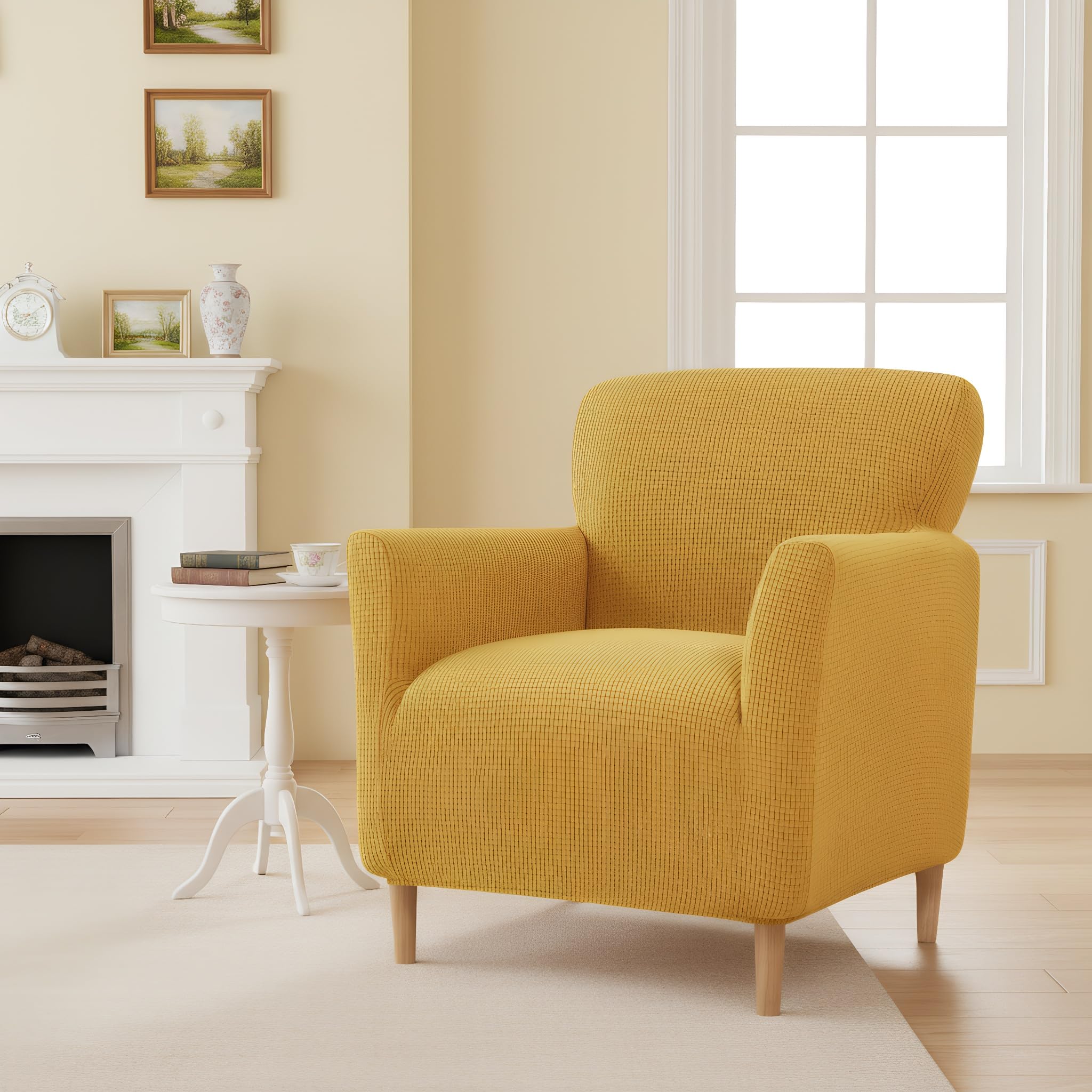 LiveGo Stretch Banquet Armchair Slipcover, Knit Chair Covers with Arms, Non-Slip Waterproof Chair Slipcover for Living Room, Office, Reception, and Pet-Friendly Furniture Protector (Lemon Yellow)