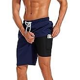 difficort Mens Swim Trunks with Compression Liner Quick Dry Bathing Suits Shorts with Zipper Pockets