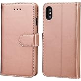 Bocasal for iPhone Xs/X Wallet Case with Card Holder PU Leather Kickstand Shockproof Protective Wrist Strap Flip Cover for iPhone Xs/X 5.8 inch (Rose Gold)