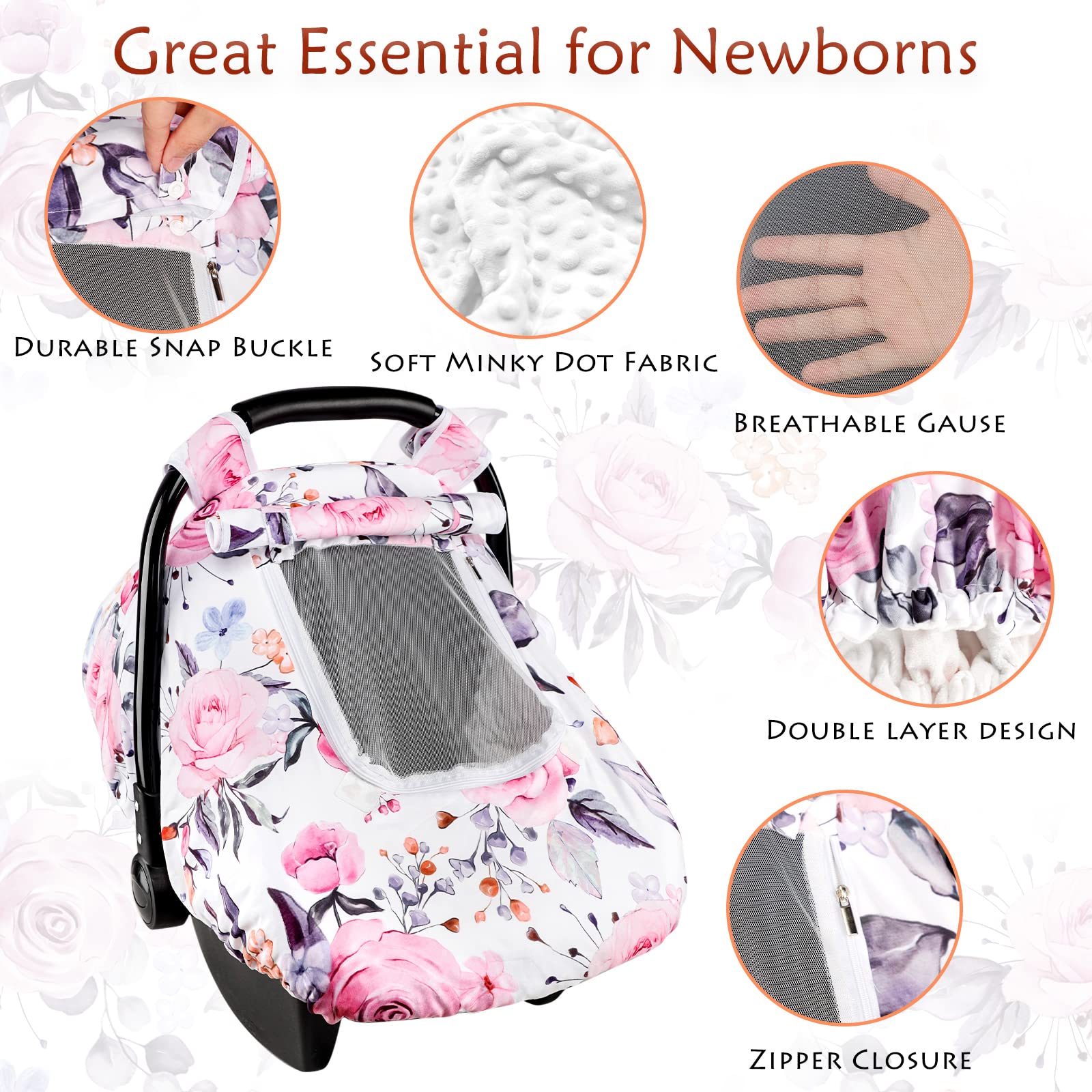 Floral Baby Carseat Cover Girls, Pea Pod Infant Car Seat Covers Canopy for Newborn with 2 Layers Windows of Breathable Mesh/Fabric, Lightweight Polyester/Minky Dot Backing, Snug Fit Most Baby Car Seat