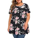 JOELLYUS Plus Size Tops for Women Tunic Floral Casual Short Sleeves T Shirts Flowy Blouses