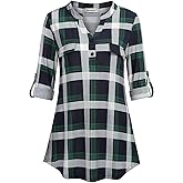 Nandashe Womens 3/4 Roll Sleeve Shirt V Neck Button Down Blouse Loose Tunic Tops