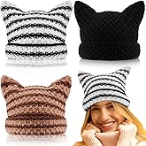 Hercicy 3 Pcs Women Crochet Cat Ear Beanie Winter Warm Y2k Cat Hat for Women Grunge Accessories Slouchy Crochet Hat with Ears
