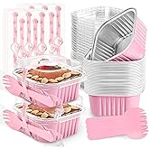 NPLUX 60 Pack Mini Cake Pans with Lids Mini Aluminum Pans, Disposable Loaf Pans Cupcake Liners with Lids for Pudding, Souffle, Party, Wedding(Pink, 5 oz)