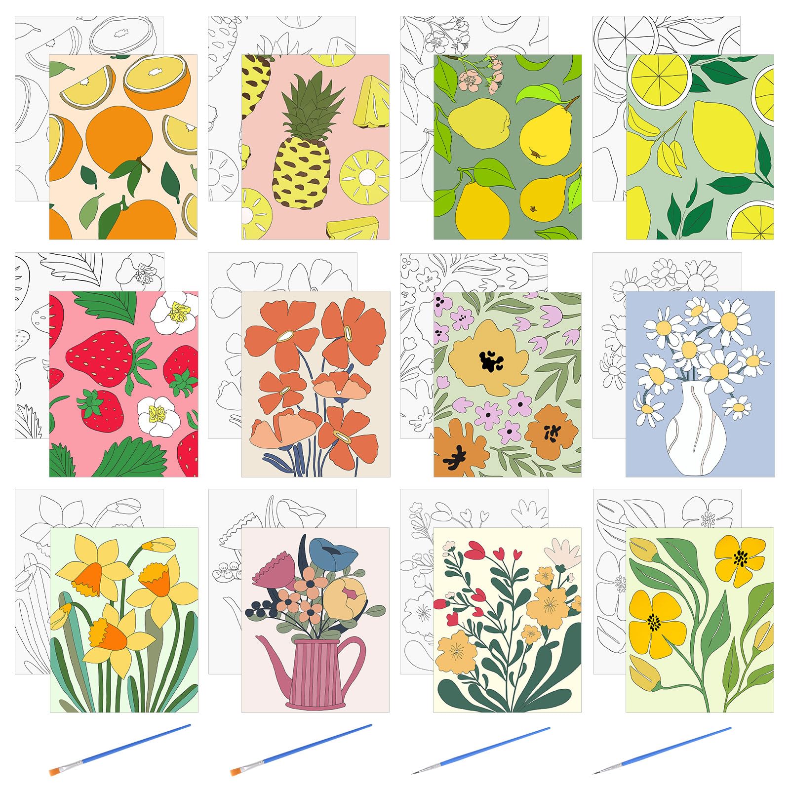 HICOHAND Pre Printed Canvases, 12 PCS Fruit Floral Theme Pre Drawn Canvas Set 7.87 * 9.84” No-Frame Pre Printed Canvas for Painting Adults Party Student DIY Decoration Gift