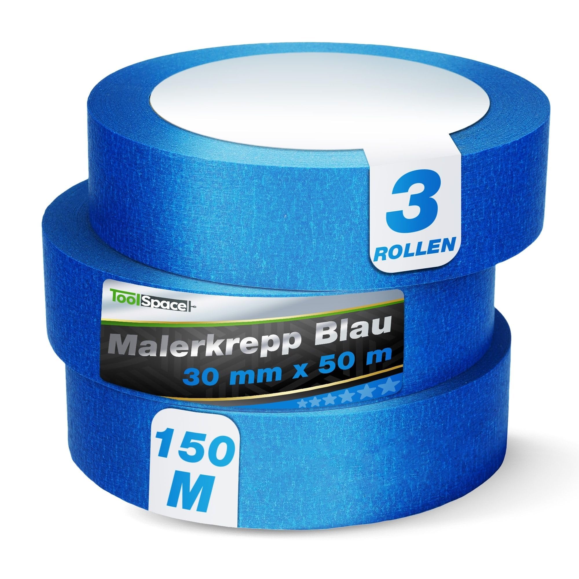 ToolSpace Crepe Tape - Blue Painter's Tape Set - Professional Painter's Tape for Renovation Work - Masking Tape for Painting - Solvent Free - 30mm / 50m Roll Set of 3 150m