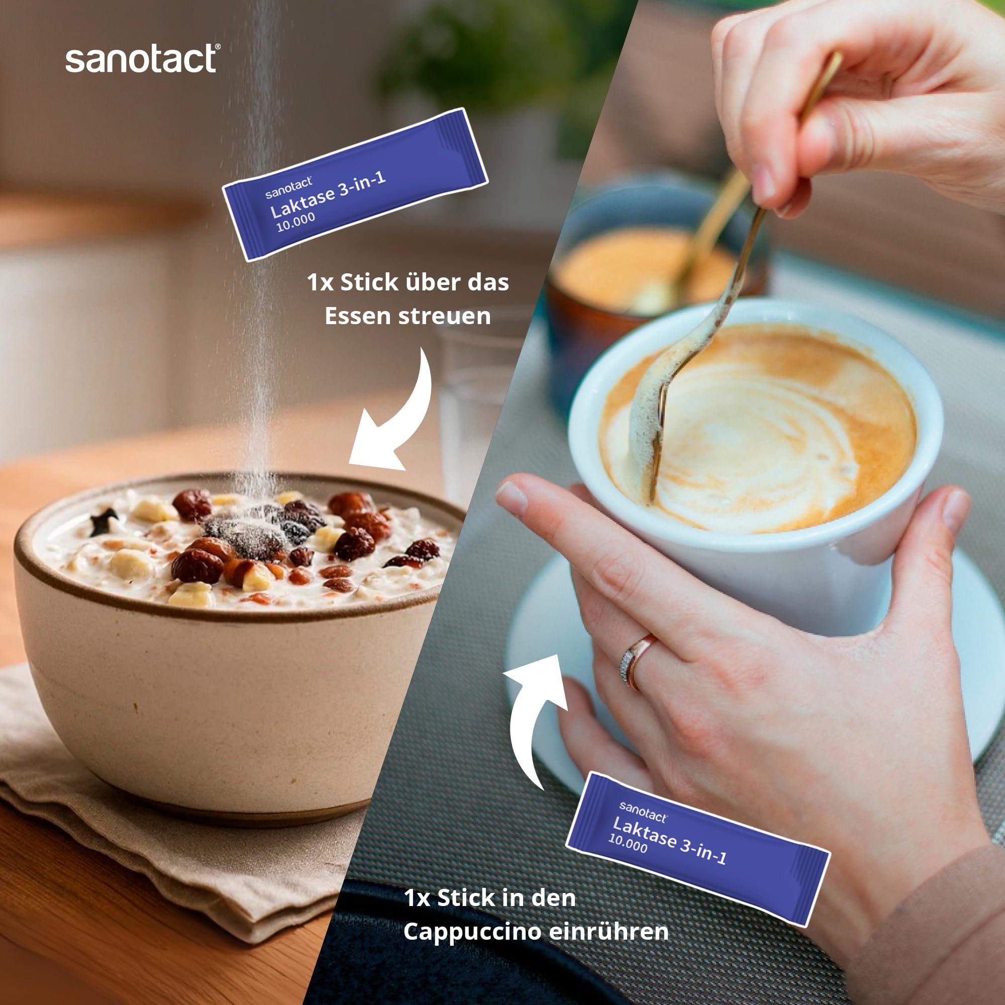 sanotact Laktase Sticks 10.000 – 30 Sticks – 3-in-1 Laktase Pulver zur Unterstützung bei Laktoseintoleranz – Sofortwirkung – ohne Aroma – direkt, im Getränk oder Essen einnehmbar 4