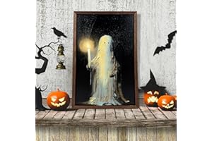 SSAILUE DECOR Halloween Decorations Wall Art Prints Ghost Holding A Candle Wooden Halloween Wall Art Framed Vintage Ghost Painting Decor Aesthetic Pictures Wall Decor for Bedroom (Including Wooden Frame)