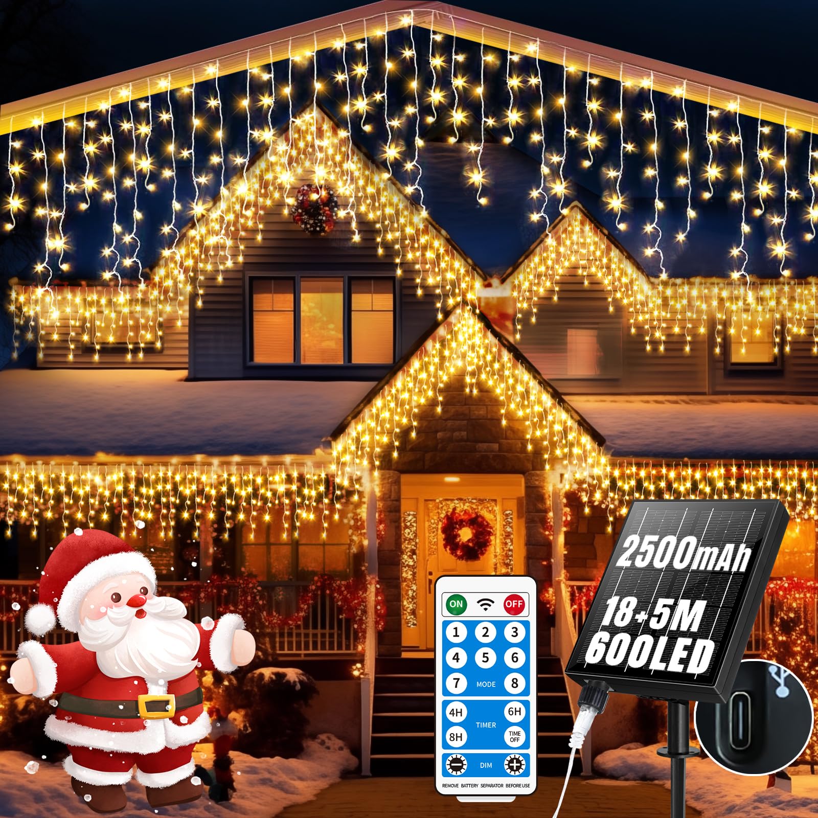 RJEDL Outdoor Solar Christmas Icicle Lights 18+5m/75.5ft 600 Led Solar Icicle String Lights with USB Port & Remote Control Hanging Lights Waterproof for Outside Backyard Balcony Decor