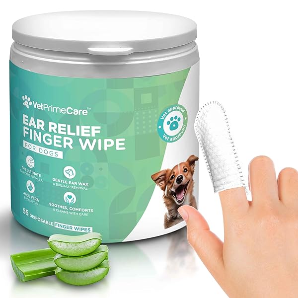 VET PRIME CARE PET FINGER WIPES FOR DOGS EAR RELIEF, ALOE VERA & EUCALYPTUS INFUSION, PET GROOMING WIPES, REMOVE DEBRIS & EAR WAX, SOOTHE & DEODORIZE, 55-COUNT PACK.