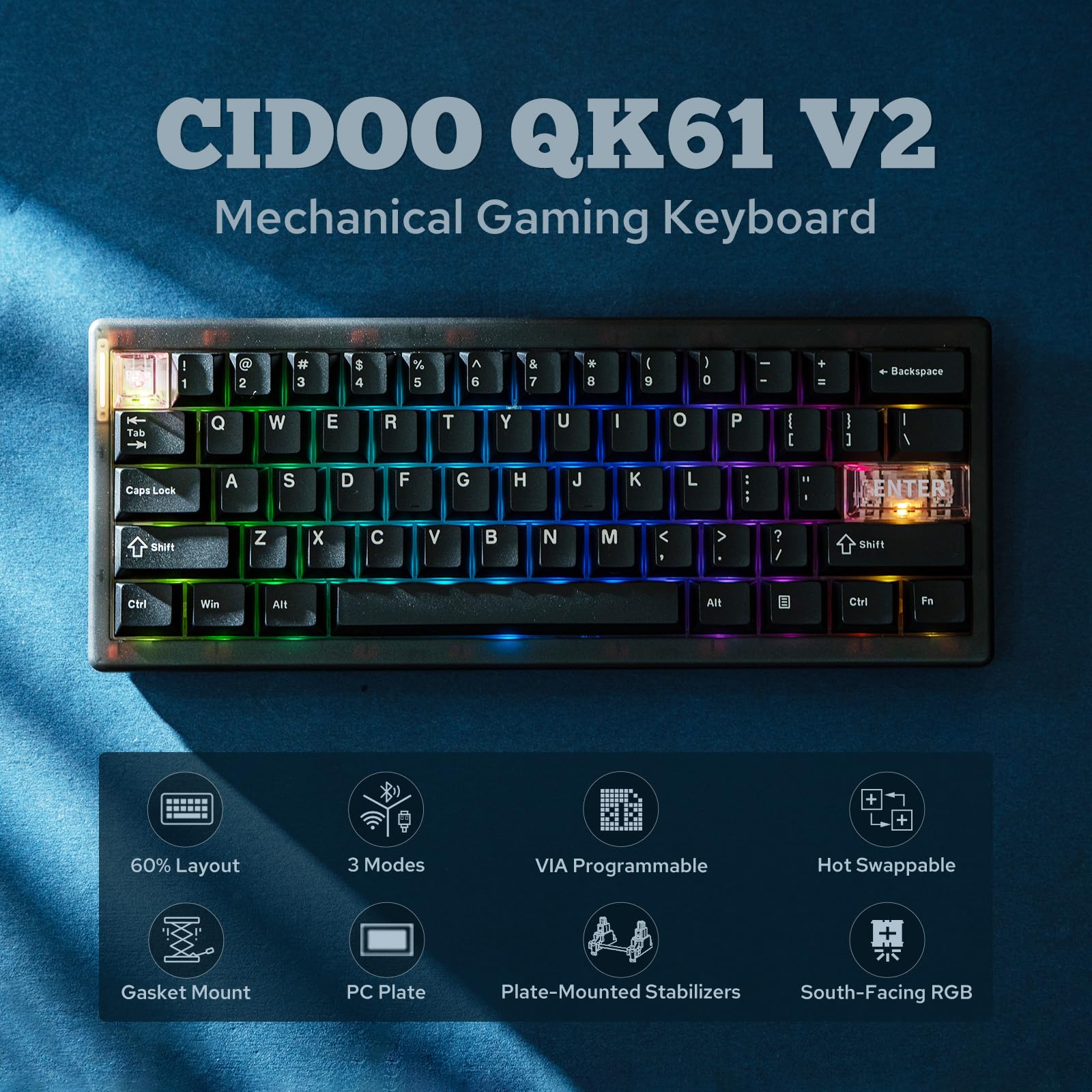 MechLands CIDOO QK61 V2 VIA Programmable 60% Compact Keyboard, USB-C/BT5.0/2.4Ghz Wireless, Hot Swappable Custom Mechanical Keyboard with Gasket Mounted, PC Plate, 3000mAh Battery for Win/Mac (Black)