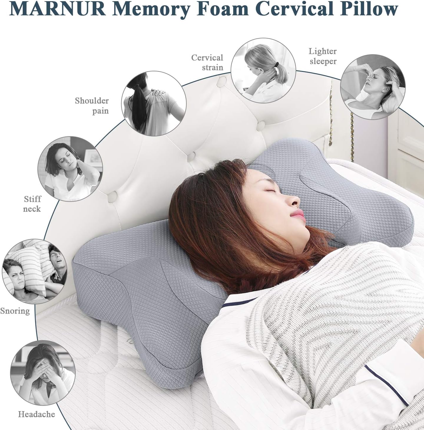 MARNUR Cervical Pillow Memory Foam Orthopedic Pillow for Neck Pain Relief Ergonomic Pillow for Back Sleepers Side Sleepers and Stomach Sleepers (20.3×13×4.5 inch/Grey Pillow case Included): Home & Kitchen