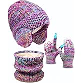 Kids Winter Hat Gloves Scarf Set,Toddler Girls Boys Beanie Hat with Earflaps,Knit Mittens & Neck Gaiter Warmer for Kids 4-12