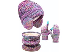 EAONE Kids Winter Hat Gloves Scarf Set,Toddler Girls Boys Beanie Hat with Earflaps,Knit Mittens & Neck Gaiter Warmer for Kids 4-12