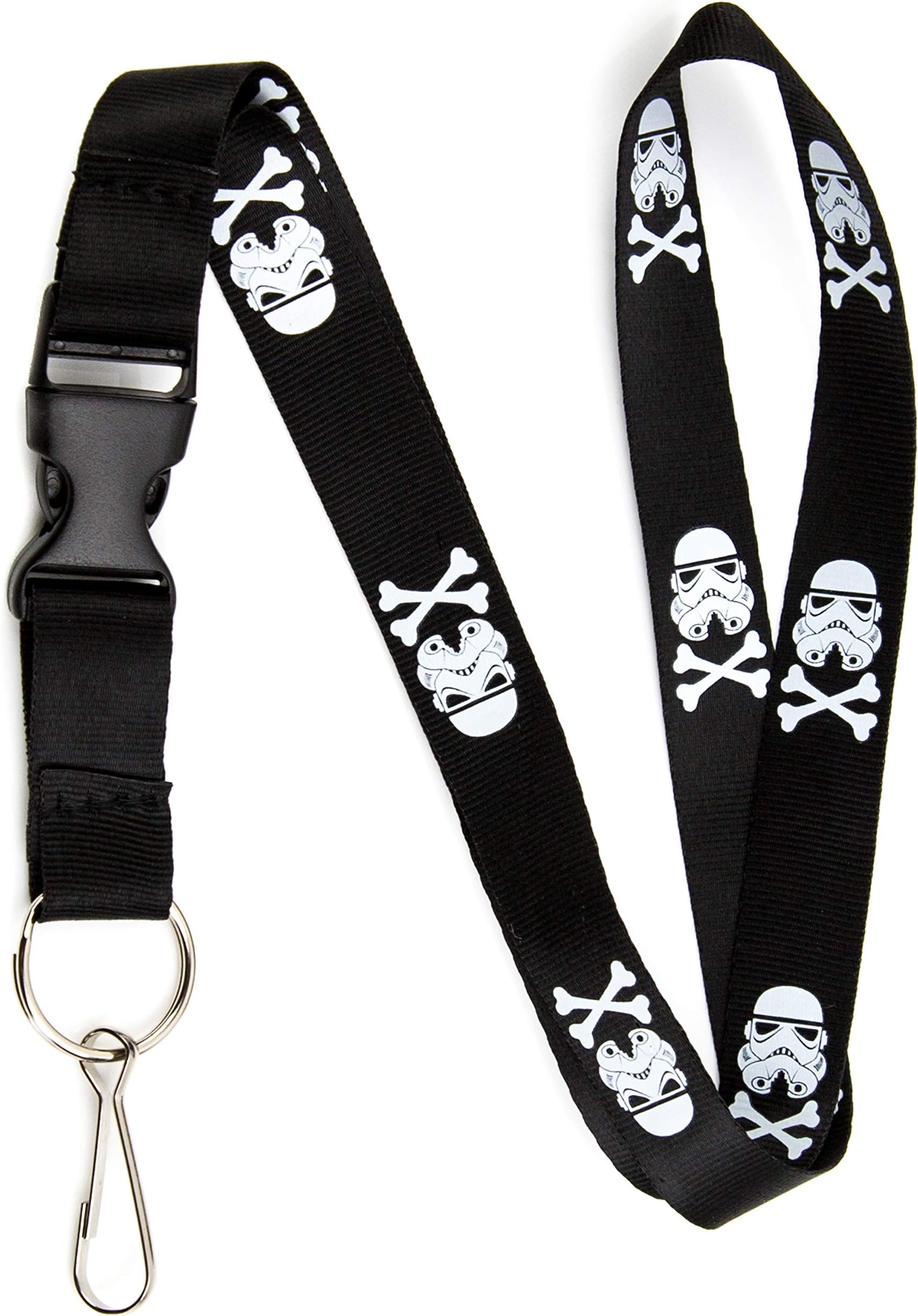 Stormtrooper and Crossbones Lanyard Keychain and ID Holder with Detachable, Breakaway Buckle for Keys or Badge | Durable Black Nylon Novelty Necklace