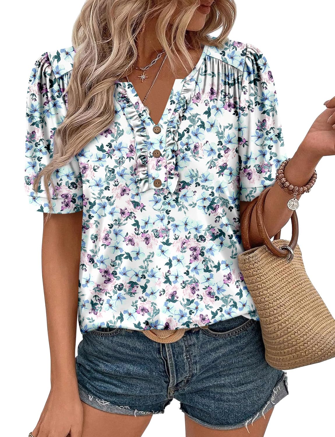 KISSMODA Women's Tunic Tops Casual V Neck Short