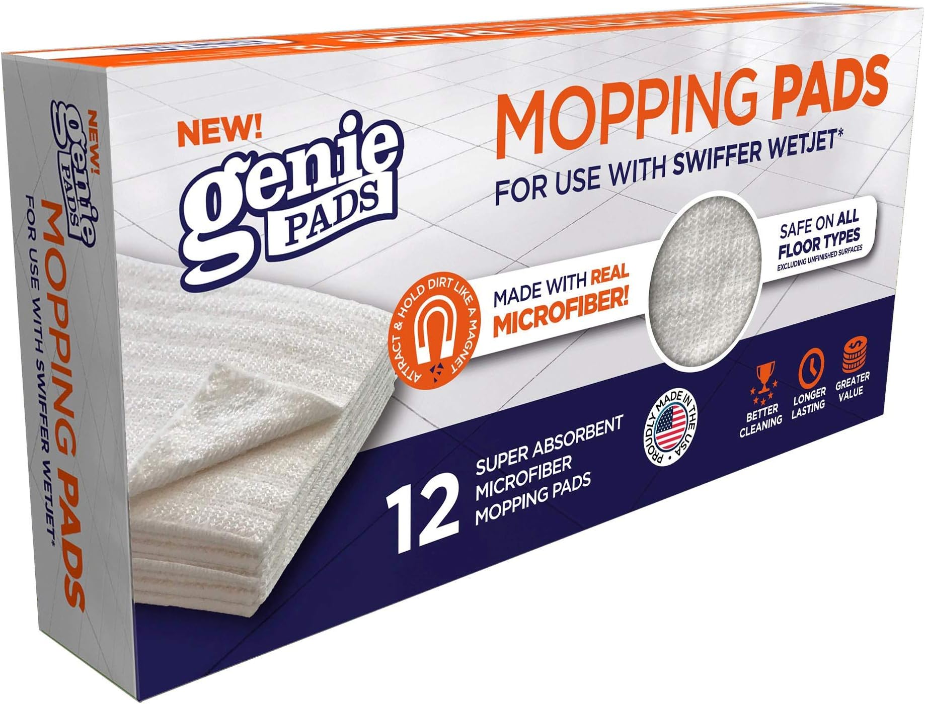 Mopping Pad Refills for Swiffer WetJet, Double-Sided Super-Absorbent Disposable Replacement Mopping Pads for Tile and Wood Wet Floor Mopping and Cleaning, 12 Count (Packaging May Vary)
