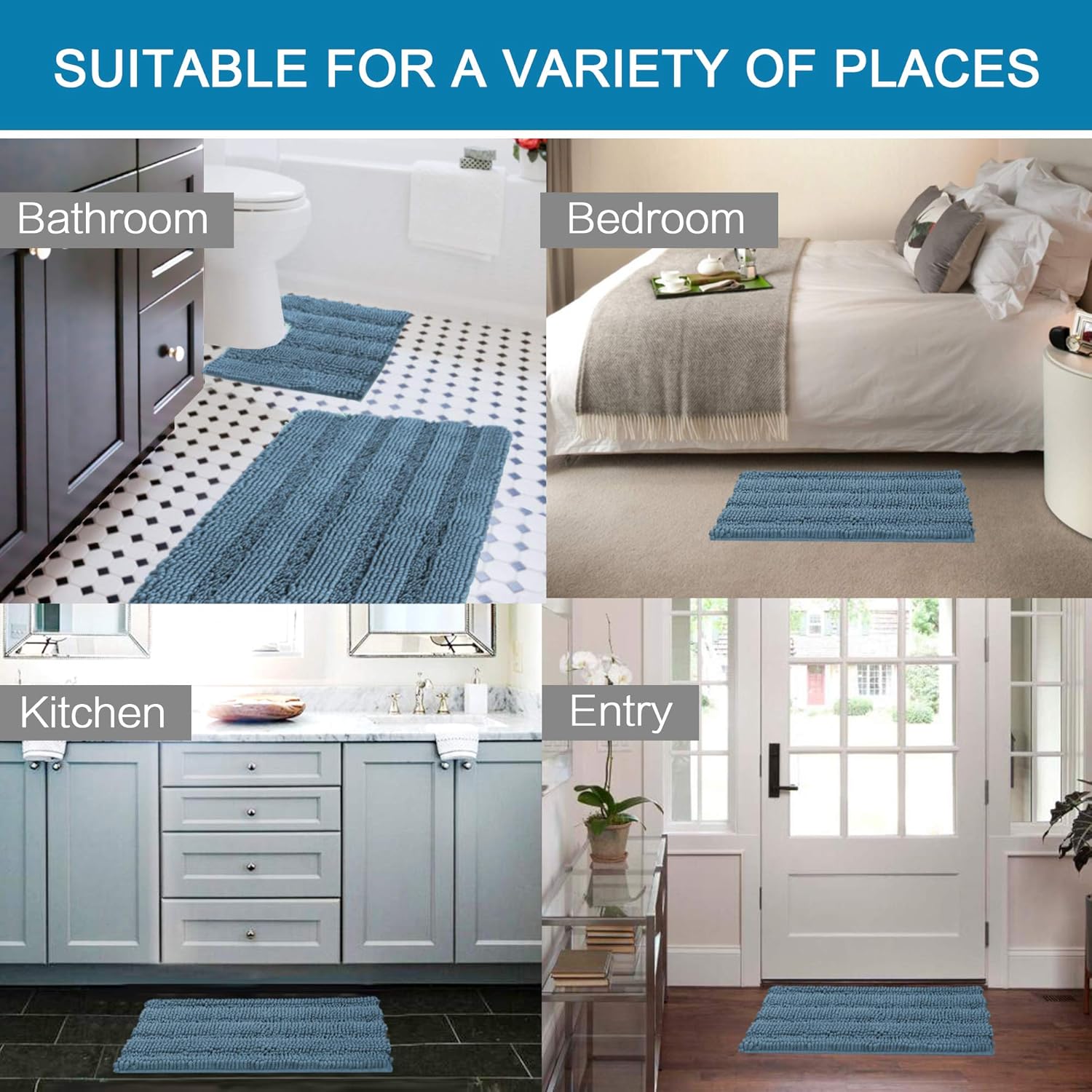 Bathroom Rugs Luxury Chenille 2 Piece Mats Soft Plush Striped 32''x20'' Bath Rug + 20''x20'' Toilet Mat Microfiber Shaggy Carpet, Super Absorbent Mats, Machine Washable(Curved Set, Stone Blue): Home & Kitchen