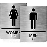 Bathroom Signs for Business - ADA Braille Men and Women Bathroom Signs for Business with Double Sided 3M Strong Tape (Pack of 1) - Aluminum Bathroom Sign 6” x 8” for Offices and Restaurants