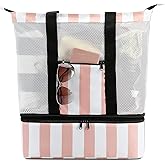 Bluboon Mesh Beach Tote Bag with Cooler Compartment Insulated Detachable Picnic Bag with Zipper and Pocket Pool Bag for Women