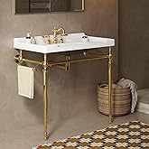 Yayzy 36” Console Bathroom Sink Vanity with White Ceramic Basin, Gold Stainless Steel Legs, Side Towel Bar, 3 Pre-Drilled Fau