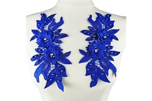 Carytalee 1 Pair Lace Fabric Flower Bead Patches Embroidered Trim Applique Floral Motif Lace Decor for Clothing DIY Sewing Craft Decoration, Royal Blue 9.2 x 4.5 Inch