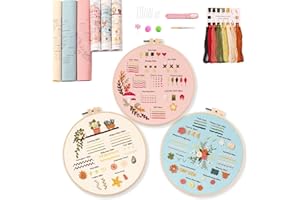 REEWISLY 3p of Embroidery kit with Patterns and Instructions, DIY Adult Beginner Cross Stitch Kits, Including 1 Plastic Embroidery Hoop, 1 Pair of Scissors, Colored Threads and Needles