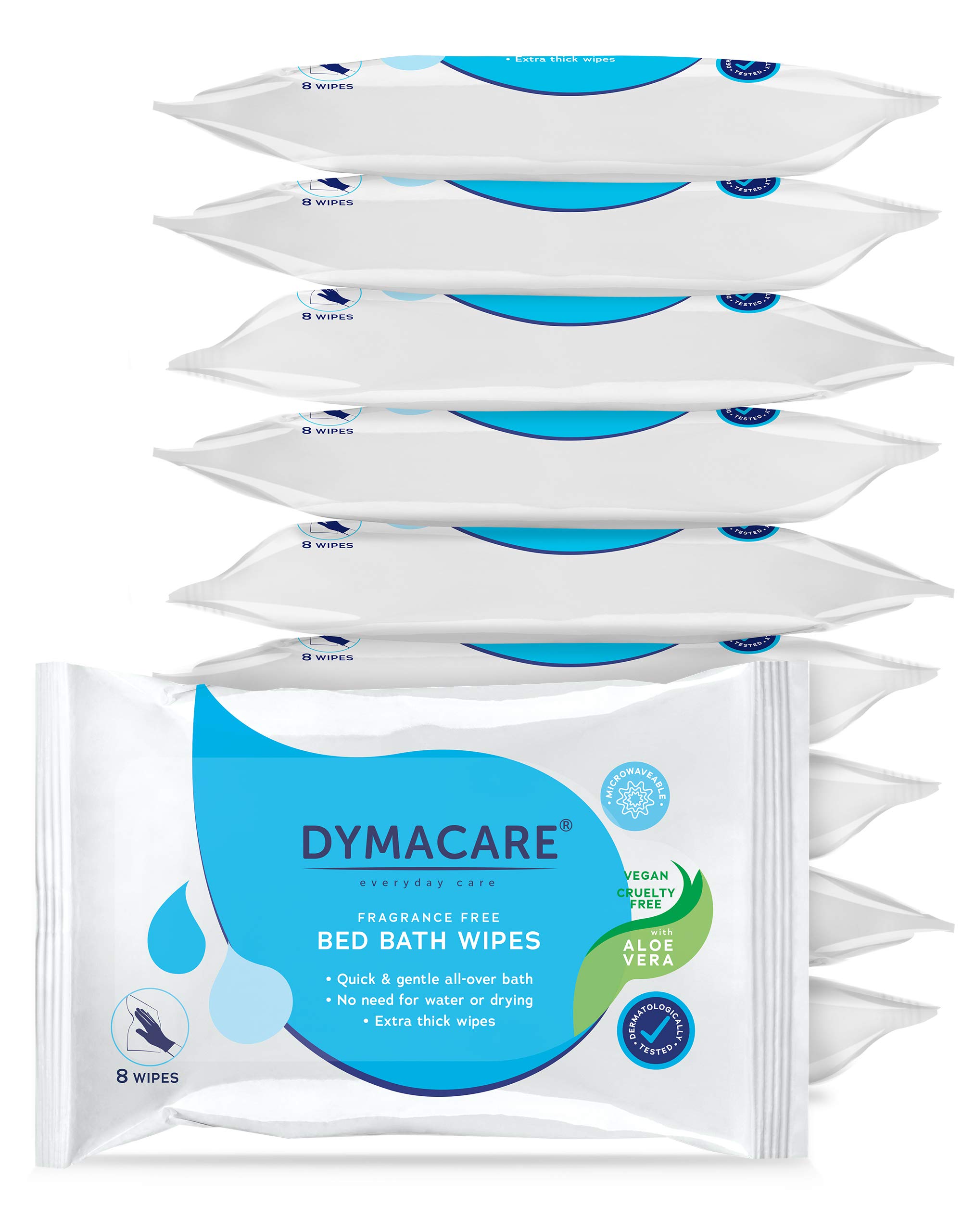 DYMACARE Unfragranced Bed Bath Wipes | Premium Unscented Skin Cleansing Shower Wipes for Adults and Elderly | No Water Microwaveable Body Wet Wipes with Aloe Vera | 10 Packs (80 Wipes in Total)