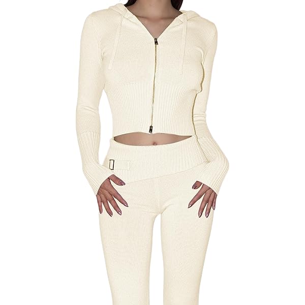 Amazon.com: Women's Ribbed Knit 2Pcs Outfits Long Sleeve Zip