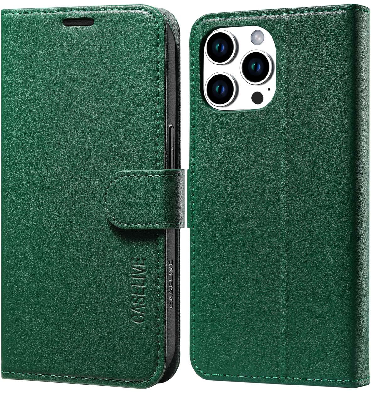 CASELIVE Wallet Case for iPhone 15 Pro Max, Genuine Leather Case with [Card Holder] [Screen Protector] [RFID Blocking][Shockproof TPU Inner Shell] Kickstand Folio Cover (Midnight Green) — image 1