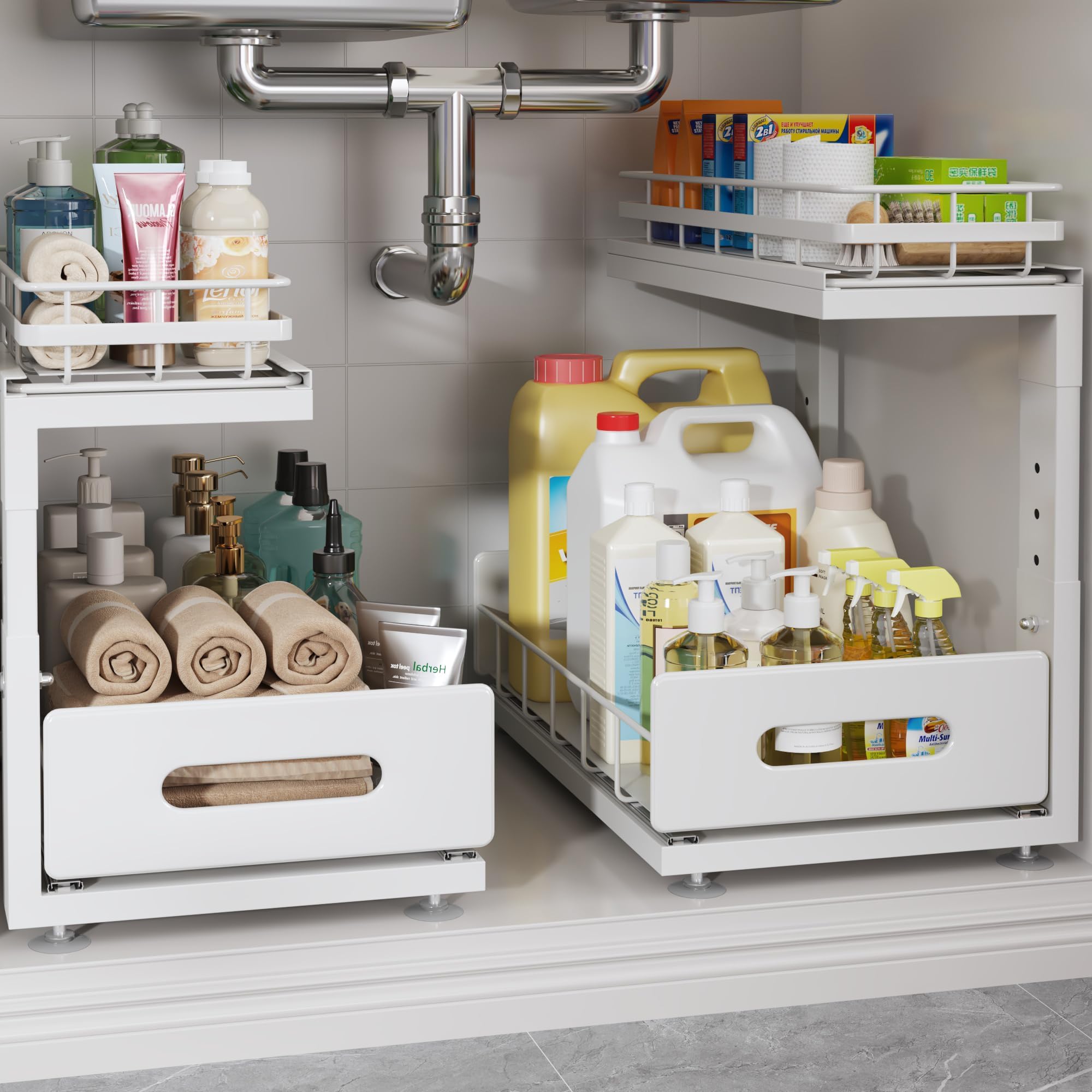 Photo 1 of **FOR PARTS MISSING ASSEMBLY PIECES** Biboraya Under Sink Organizer Upgrade To Professional Rails,2-Tier Dual Pull Out Cabinet Storage,Height Adjustable Slide Out Drawers For Bathroom Kitchen,2 Pack-14.5"Dx12.8"-16.9"H,White