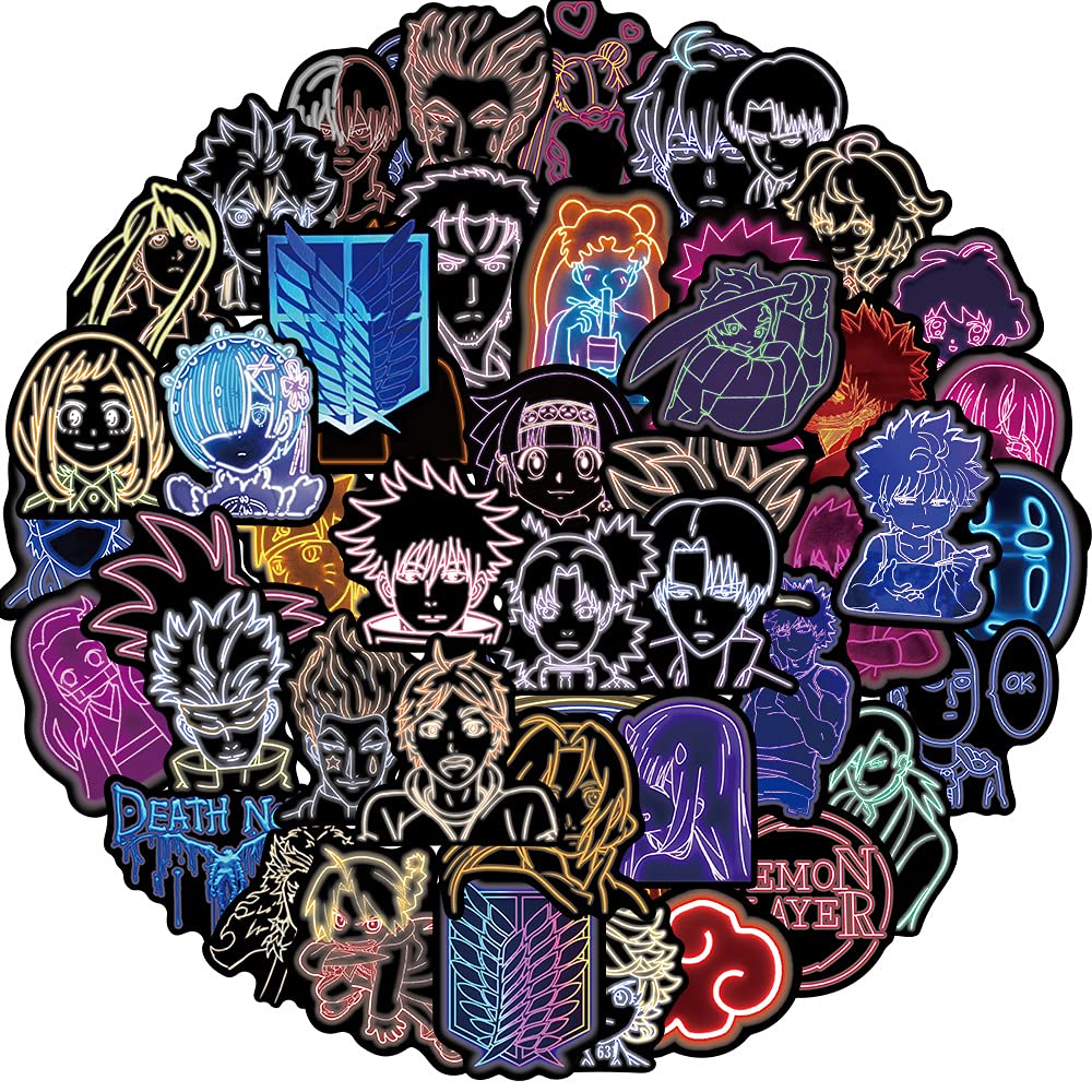 50Pcs Neon Anime Stickers for Water Bottles Tumbler Luggage Skateboard Bumper Scrapbook Mug, Sticker Gift for Kids Teens Adults