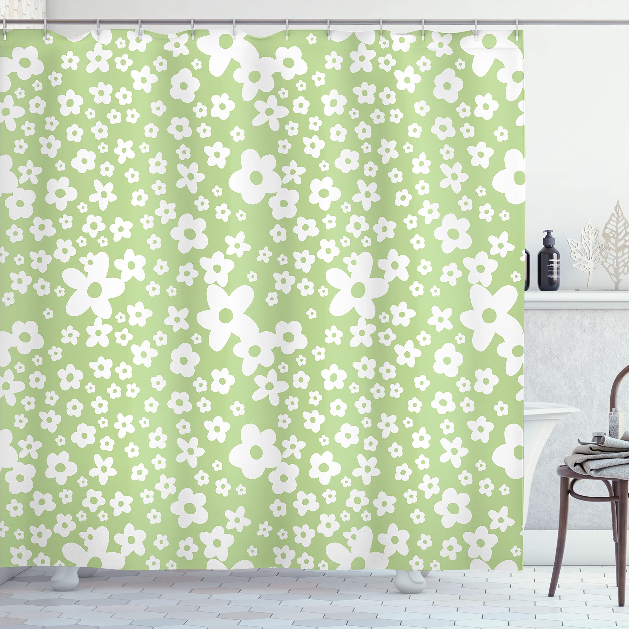 ABAKUHAUS Floral Shower Curtain, Graphic Daisy Blossoms Design Colorful Background Spring Flowers Art, Cloth Fabric Bathroom Decor Set with Hooks, 175 x 180 cm, Apple Green
