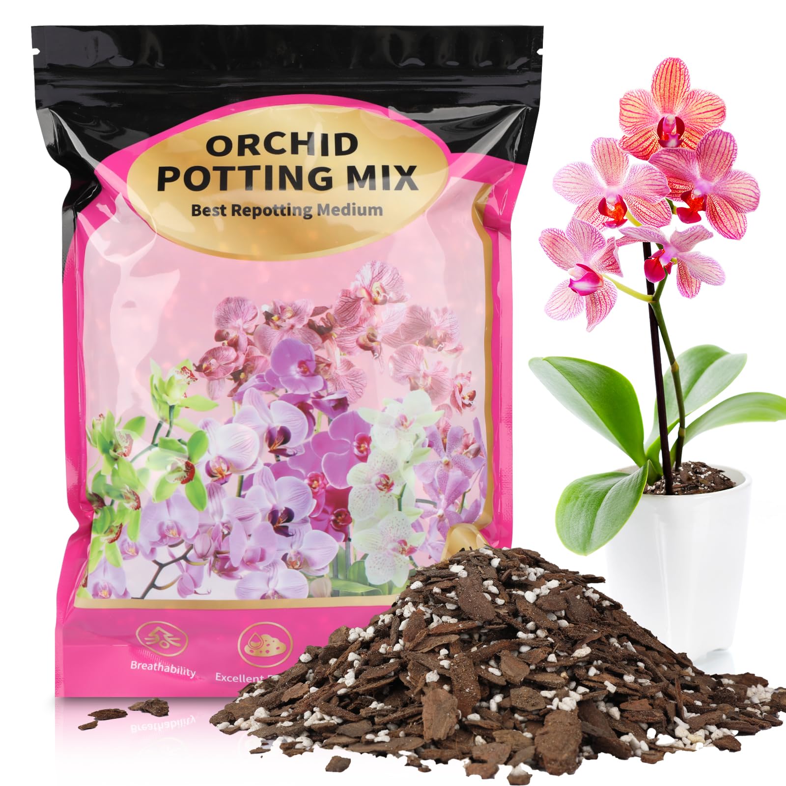 GOTVUGE Orchid Potting Mix 4L，Orchid Soil Composed of Orchid Bark and Perlite，Premium Orchid Medium for Potting, Repotting, Enhanced Drainage, Air Flow & Root Ventilation