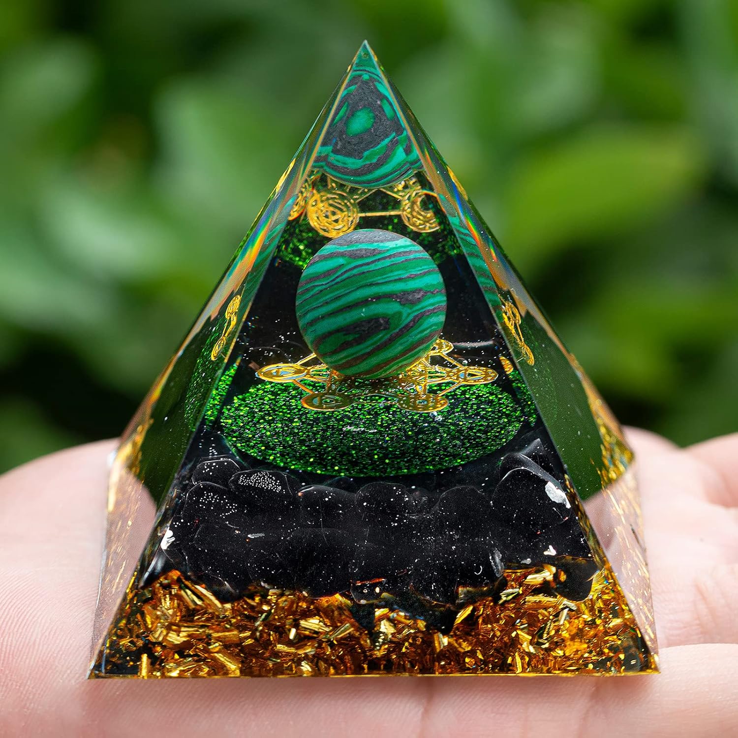 Mixed Media - CRISTALLIUM Orgone Pyramid Crystal Healing Stone Energy Generator Healing Crystals Chakra Crystal Healing Meditation Crystal Sphere Orgonite Crystal Pyramid Women Gift - Malachite