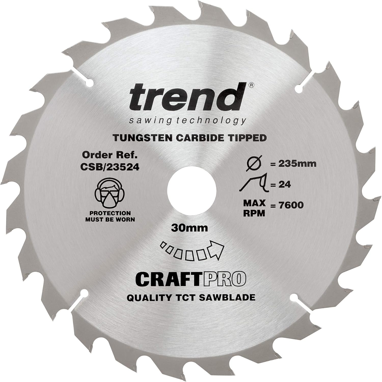 Trend Wood Circular Saw Blade, 235mm Diameter, 30mm Bore, 24 Teeth, 2.8mm Kerf, +15° Hook, TCT, Coarse Finish, CSB/23524