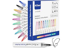 ACCloud Temporary Tattoo Markers for Skin Tattoo Pen Kit, 10 Body Markers+ 124 Tattoo Stencils Kit for Kids and Adults, Flexible Brush Tip, ChristmasTattoos for Kids Skin Safe