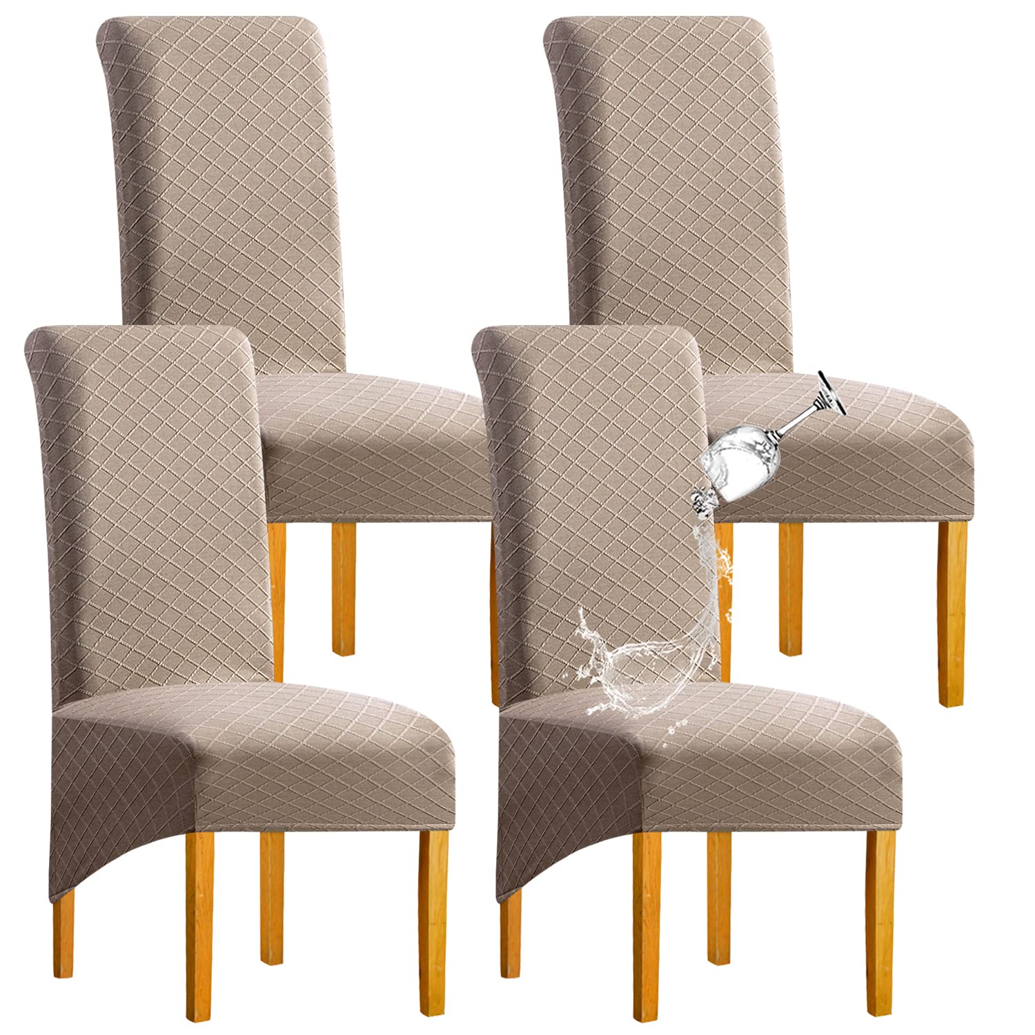 SHENGYIJING 1/2/4/6 PCS Diamond Lattice FStretch Waterproof XL Chair Covers for Dining Room, Spandex Large Dining Chair Slipcovers High Back Jacquard Dining Chair Covers (Khaki,Set of 4)