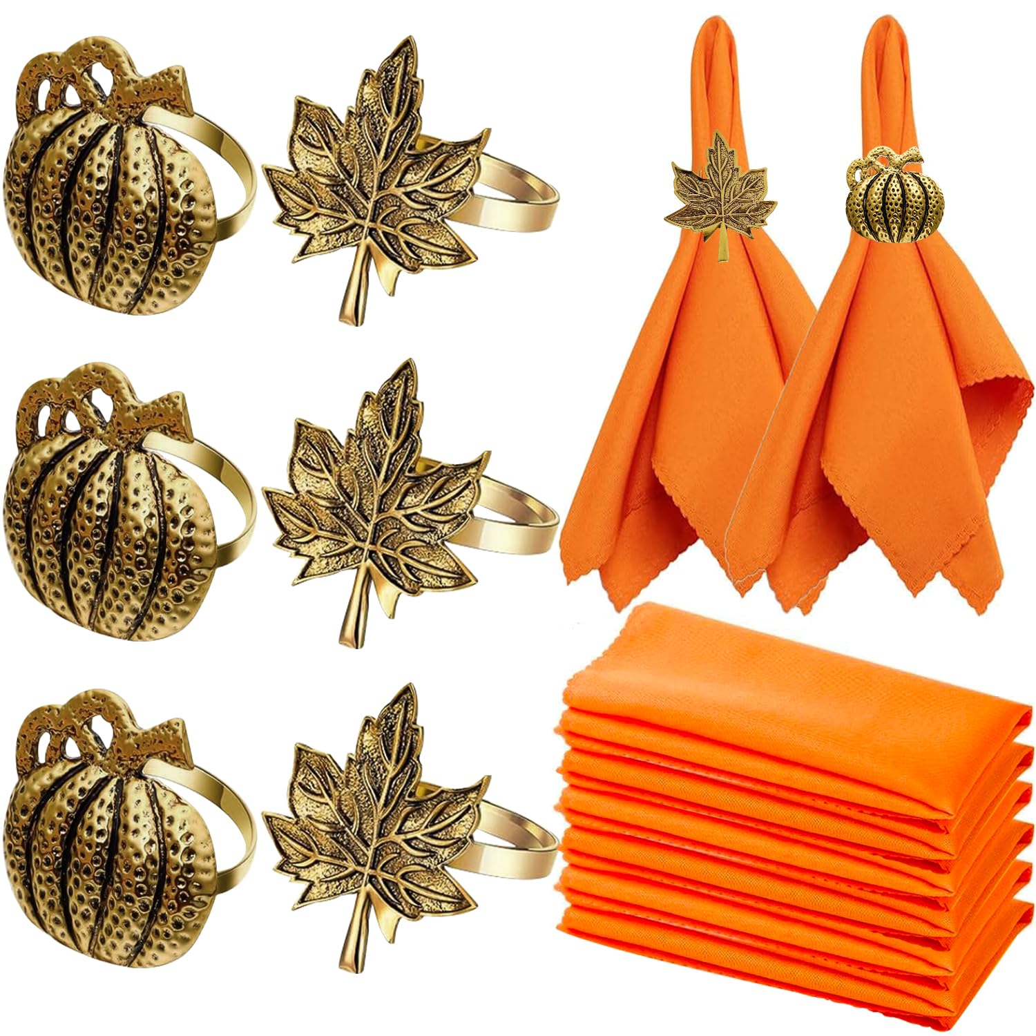 Photo 1 of 12 Pcs Thanksgiving Fall Napkin Rings Set, Includes 6 Pcs Pumpkin Maple Leaf Napkin Rings and 6 Pcs Cloth Napkins for Thanksgiving Dinner Parties Table Decor Weddings