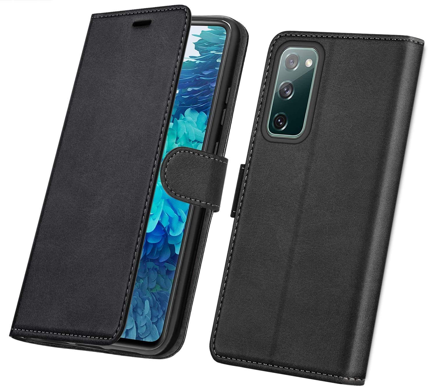 RKVMM Galaxy S20 FE Flip Case, Genuine Faux Leather Samsung S20 FE Shockproof Folio Wallet Cover [TPU Inner Shell] [Kickstand][Card Slots][Magnetic Closure] for Galaxy S20 FE 5G (Black)